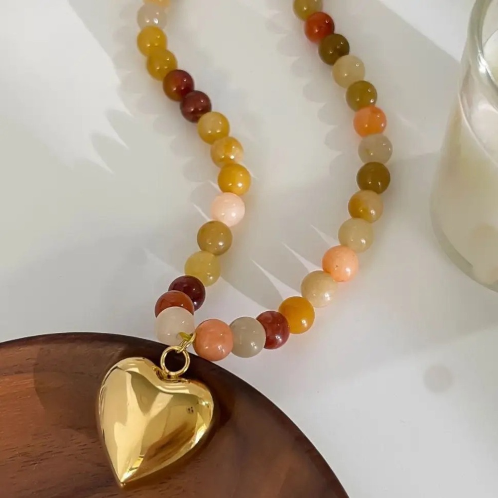 Vibrant Beaded Necklace with Gold Heart Pendant - Picture 1 of 6